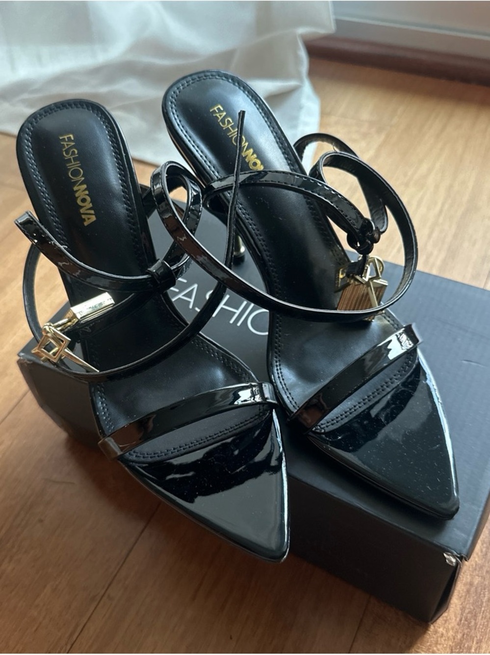 Fashion Nova Black Patent Pointed Toe Strappy Heels with Gold Accents